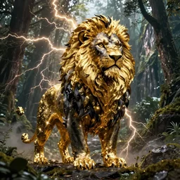 black lion's god with fur made from gold lightnings surrounded by epic forest and mountains, colossal scale, epic cinematic shot, hyperdetails, 8k, by Evgeniy Antonenkov and raphael lacoste