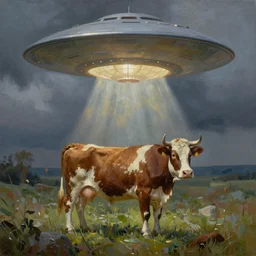 ufo kidnapping a cow, oil on canvas