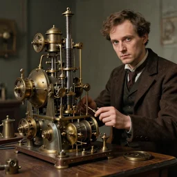 A random pointless contraption ((steampunk)) industrial appliance pneumatic machine with no apparent purpose, being operated by a scholarly looking man with a clear directed gaze, artwork by Sergey Kolesov