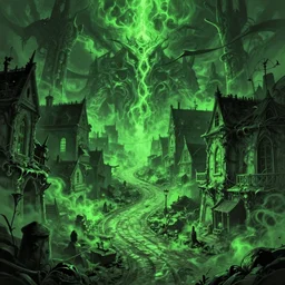 streets of innsmouth town, green light dust, magnificent, close up, sharp focus, evil fluid, negative energy, horror, creepy, serious, giger style, highly detailed, illustration, by jordan grimmer greg rutkowski wlop maya takamura, intricate, trending artstation, pixiv, digital art
