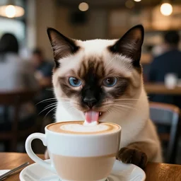 ultra high quality photograph of a extreme cute korat kitten drinking a cappuccino, stick out tongue, in crowded cafe, bokeh background, lighting dim, colourized, kodak etkar 1 0 0
