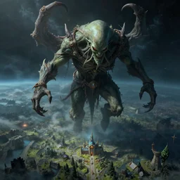 a hyperdetailed matte painting of cthulu descending from space, looming ominous over stormwind, world of warcraft, lovecraftian horror, intricate detail, ultrawide lens, aerial photography, cinematic, 8 k, cel shaded, volumetric lighting, octane render, art by greg rutkowski and jeong seon