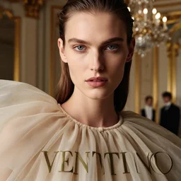 close up of face from a fashion model with large valentino dress in  parisian luxury  studio , official valentino editorial, highly detailed