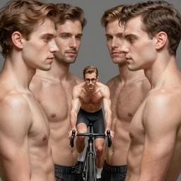 a small man wearing glasses & cycling shorts surrounded by gay men, elegant, real life skin, intricate, high detailed, artstation, concept art, smooth, sharp focus, art by artgerm and greg rutkowski