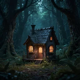 strange darkness tiny house by Tim Burton, (by Tim Burton) dark forest background, volumetric lighting