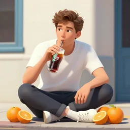 hugh hopper on a street corner eating sipping diet pepsi, oranges at his feet
