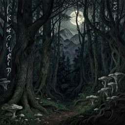 dense forest, artstation, by aubrey beardsley, by caspar david friedrich, by laurie lipton, by kay nielsen, by ivan shishkin, calligraphy, divine, paradox, mycelium, gnarly trees, terrifying, witchcraft!, hope, moon, mountains in background