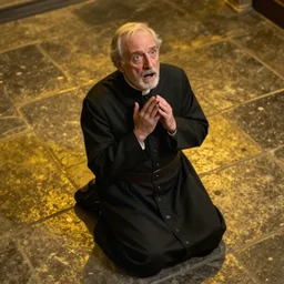 A terrified old catholic priest in black garb kneeled on a stone floor in passionate prayer seen from above. His eyes are wide open with fear. Ominous dramatic yellow lighting. Award-winning digital art, trending on ArtStation