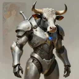 a anthropomorphic cyber cow wearing scifi armor, diffuse lighting, fantasy, intricate, elegant, highly detailed, lifelike, photorealistic, digital painting, artstation, illustration, concept art, smooth, sharp focus, art by john collier and albert aublet and krenz cushart and artem demura and alphonse mucha
