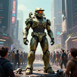 7 0 mm film still from halo, epic majestic utopian halo master chief statue surrounded by a crowd of people in a cyberpunk city street by ralph horsley, rossdraws, matte painting, stylized background, cinematic lighting, maya, pixar, unreal engine, artstation