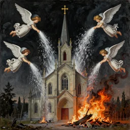 A church burning down with angels pouring water down onto the church, painted by Zdzisław Beksiński