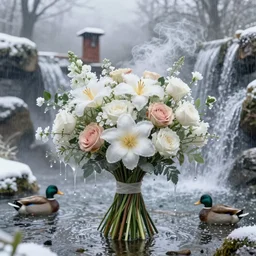 flower bouquet, centered, ornate, beautiful, atmosphere, vibe, mist, smoke, chimney, rain, well, wet, pristine, puddles, waterfall, melting, dripping, snow, ducks, creek, lush, ice, bridge, cart, forest, flowers, concept art illustration, color page, 4 k, tone mapping, akihiko yoshida, james jean, andrei riabovitchev, marc simonetti, yoshitaka amano, digital illustration, greg rutowski, volumetric lighting, sunbeams, particles, trending on artstation