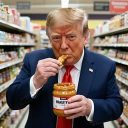 donald trump eating peanut butter with his hands at the grocery store, cctv footage