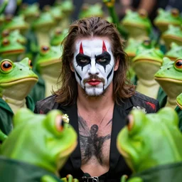 alex jones wearing braveheart facepaint, facing off against an army of gay frogs.