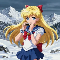 sailor uranus plays on harmonica, snow mountains in the background, anime art, unreal render, hyper detailed drawing, intricate, anime key visual, manga, digital painting, artstation, hard focus, symmetry, illustration, landscape