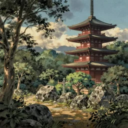 japanese landscape with pagoda, trees and rocks, detailed, in the style of studio ghibli