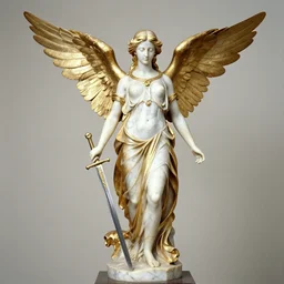 a statue made of marble and gold, of an beautiful angel girl with a sword in hand, perfect symmetrical body, perfect symmetrical face, no eyes, hyper realistic, hyper detailed, fujicolor superia 1 6 0 0 photo, full body shot, by peter kemp, by monia merlo