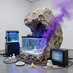 artwork by pierre huyghe with wax, porcelain, cables and monitors, aquarium and a huge eroded stone, purple smoke, ultra realistic, depth, beautiful lighting, glitch, sigma, 8 k, 3 5 mm, f / 3 2