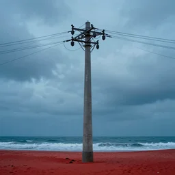 a concrete tower with several power cables coming from the top of the tower and going out of frame, the tower stands in red sand beach, ocean waves, cloudy day, blue hour, by filip hodas, by simon stalenhag, cinematic, dramatic light, concept art, matte painting, trending on artstation, dystopia, cyberpunk