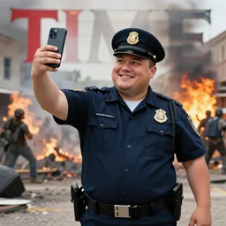 chubby cop takes a smiling selfie in front of a riot, burning buildings highly detailed, sharp focus, time magazine 2 0 2 2