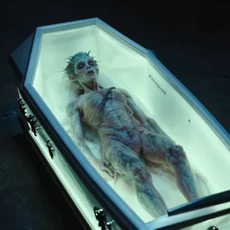 the strange creature, in a glowing coffin, film still from the movie directed by denis villeneuve with art direction by ed emshwiller and tim hildebrandt