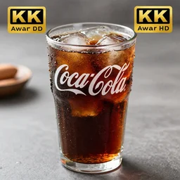 a glass cup filled with Coca Cola, food photography , award winning food photography, high quality, wide lens, water droplets, 8K HD