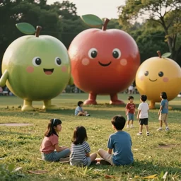 1990s candid photo of a beautiful day at the park, families playing, cinematic lighting, cinematic look, golden hour, large personified fruit people in the background, Enormous fruit people with friendly faces, kids talking to fruit people, UHD