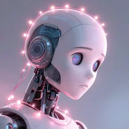 close up sideview emotional perfect cyborg robot face wrapped in pink string lights, sketch illustration, disney concept art, soft glow, dappled light, portrait art, backlit, indie studio, fantasy, rim lighting, intense, powerful, emotional, powerful, epic composition, noise, texture, rule of thirds, dappled light,