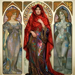 hyper-realistic detailed full body portrait of woman with red veil hijab by Alphonse Mucha and Pablo Picasso, Art Nouveau, Neo-Gothic, gothic, iridescent deep colors