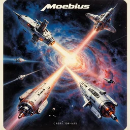 retro futuristic sci - fi poster by moebius and greg rutkowski, epic spaceship battle, nebulae, stargezers