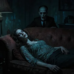 cinematic colorful horror artwork by beksinski, artgerm, stephen king, lovecraft ; real life full portrait of beautiful dove cameron lying on couch, her eyes closed, living room, midnight ; dark, gloomy, dimly lit dramatic dark rim lighting, tensed, scary, 8 k hdr, creepy intricate ; detailed, haunting