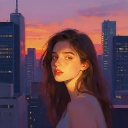 portrait of a beautiful girl, sunset in the city, skyscrapers, intimate, in love, funky colors, beautiful face, rule of thirds, spotlight, by greg rutkowski, by jeremy mann, by francoise nielly, by van gogh, digital painting