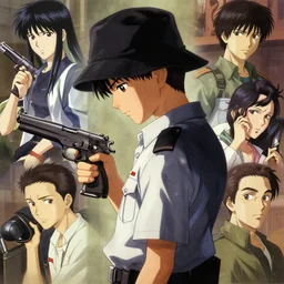 young boy in a black bucket hat!! wearing uniform, tan, holding pistol at side, side view, looking down | | audrey plaza, fine detail!! anime!! realistic shaded lighting!! poster by ilya kuvshinov katsuhiro otomo ghost - in - the - shell, magali villeneuve, artgerm, jeremy lipkin and michael garmash and rob rey