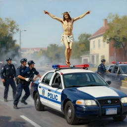 hyperrealism painting of jesus christ standing on top of a police car in a police chase