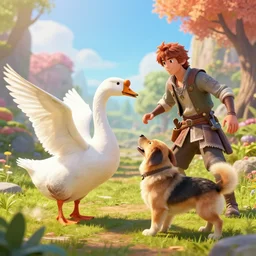 a white big goose was fighting with a dog by wenjun lin, irakli nadar, bright colors, octopath traveler, wenjun lin, unreal engine 5 highly rendered, global illumination, radiant light, detailed and intricate environment