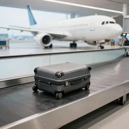 a suitcase on an airport industrial conveyor belt, moving on its way to a plane