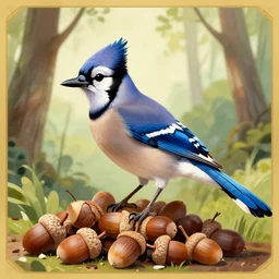 blue jay with a pile of acorns in a forest, digital art, art deco style
