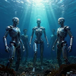mechanical spirits in the deep sea by simon stalenhag and gillis rombouts and greg rutkowski and beeple and anton fadeev, hyperrealism! chiaroscuro!!!! tonalism! vibrant! desaturation, under water, high contrast, highly detailed, volumetric lighting, sunbeams