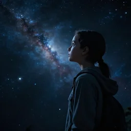 A young teen named Jaynie, looking out into the cosmos, imagining all the possibilities of her future. ultra photoreal , photographic, concept art, cinematic lighting, cinematic composition, rule of thirds , mysterious, eerie, cinematic lighting, ultra-detailed, ultrarealistic, photorealism, octane render,