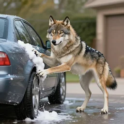 Male, anthropomorphic wolf, washing car