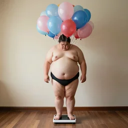 a morbidly obese person with hundreds of helium balloons tied to himself, standing on a weight scale