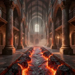 beautiful victorian prison with large pillars, lava streams, magma canal, chains hanging from ceiling, light dust, by peter mohrbacher dan mumford craig mullins nekro, cgsociety, pixiv, volumetric light, 3 d render
