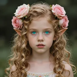a beautiful young girl, full body, turquoise eyes, curly blond, angel face, pointed ears, roses in her hair, hyper realistic, intricate, fairy look, cinematic, trending on art station, - s 2 4 5 7 3 0 6 9 2