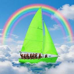 by natalie shau neat fluorescent green. a beautiful body art of a sailboat sailing on a sea of clouds, with a rainbow in the background. the sailboat is crewed by a group of monkeys, & the sails are billowing in the wind.