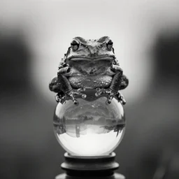 A big frog that looks straight at the camera. The frog sits on top of a backlit glass sphere. Monochrome, high contrast, 24mm tilt-shift