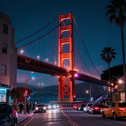 neon streets of san francisco golden gate bridge, 4 k, award winning photo, cyberpunk style