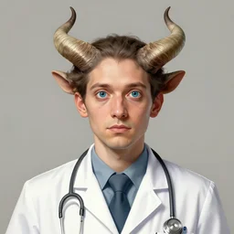 a doctor with 1 0 eyes and horns, realistic illustration