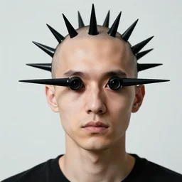 bald man with plastic black spike driven through his eyes, flat side facing forward, points coming out back of his head, portrait, behance hd artstation, style of jesper ejsing