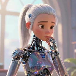 weta disney pixar movie still head and torso portrait photo of young millie alicia bobby vikander brown with a white ponytail as thoughtful intricate detailed mechanical translucent cyborg girl opening up her chest by pixar, by weta, wlop, ilya kuvshinov, rossdraws, artgerm, latex, iridescent, bright morning, anime, liosh, mucha