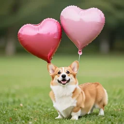 a corgi with a heart shaped balloon, Sigma 85mm, f/1.4